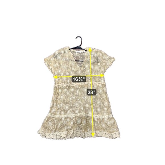 Blue Bird Sheer Beige Embroidered Lace Tunic Top V Neck Short Sleeves Size L - Picture 10 of 11